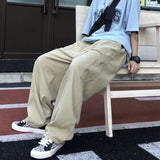 WIAOFELLAS  -  Men's Clothing Spring Autumn Wide Leg Solid Color Elastic Pockets High Waisted Trousers Cargo Preppy Style Korean Fashion Pants