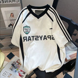 WIAOFELLAS  -  American Style Street Patchwork Striped V-neck T-shirt Men Summer Preppy Style Vintage Motion Handsome Short Sleeved T-shirt