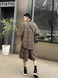 Wiaofellas  -  American Retro Leopard Print Casual Set Men Summer Lapel Short Sleeve Shirts Wide Leg Shorts Fashion 2pcs Sets Korean Loose Suit