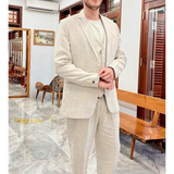 WIAOFELLAS  -  Summer Beige Linen Men's Suit 3 Pieces Single Breasted Peak Lapel Set Daily Fashion Male（Blazer+Pants+Vest）