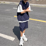 WIAOFELLAS  -  Niche Design Men's Two-piece Solid Color Drawstring Sleeved Hooded T-shirts Straight Wide Leg Loose Male Shorts