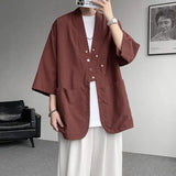 WIAOFELLAS  -  Niche Design Men's Shirts V-neck Solid Color Button Desig Ice Silk Big Pocket Casual Male Tops Summer Menswear