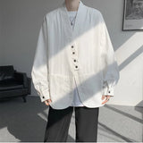 Wiaofellas  -  New Men's Long Sleeve T-shirts for Men Blouses Korean Trend Harajuku Loose T Shirts Solid Color Cool Shirt V-neck Tops Male