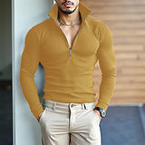 WIAOFELLAS  -  Men T Shirts Solid Color Long Sleeve Zipper Male Tee Tops Knitted Streetwear Fashion Casual Camisetas Men Clothing S-3XL