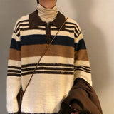 Wiaofellas  -  Autumn Men Knitted Maillard Polo Sweater Long Sleeve Striped Patchwork Lapel Pullover Trendy Light Luxury Korean Style Knitwear