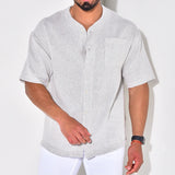 WIAOFELLAS  -  Retro Solid Color Button-up Cardigan Tops Men Casual Breathable Short Sleeve Shirts Mens Spring Summer Fashion Loose Shirt