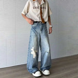 WIAOFELLAS  -  Vintage Summer Men's Broken Hole Design Wash Straight Denim Pant Fashion Trendy High-waisted Wide Leg Jeans Male 2A0026