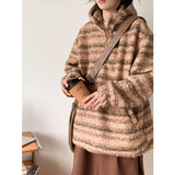 WIAOFELLAS  -  Vintage woolen striped knit hoodie autumn and winter warm hoodie wear fashion brand loose top