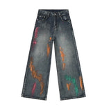 Wiaofellas  -  American Style Personality Graffiti Men's Denim Pants Casual Big Pockets Jeans Loose Straight Wide Leg Men Trousers