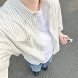 WIAOFELLAS  -  Men's Oversized Striped Casual Shirt - Korean Fashion Trend Short Sleeve Button-Down Collared Top  Stylish Layered Streetwear