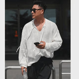 WIAOFELLAS  -  Korean Lazy and High-end Solid Color Versatile Long-sleeved Thin Sweater V-neck Tether Hollow Sweater Top Men