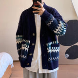 Wiaofellas  -  Winter Christmas Jacquard Knitted Cardigans For Man Ethnic Style Button-up V-neck Sweaters Y2K Streetwear Cardigan Knitwear