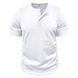 WIAOFELLAS  -  Summer Henry Collar T-Shirt for Men Solid Short Sleeve Button Casual Tshirt Fashion Tees Mens Clothing
