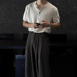 WIAOFELLAS  -  Men's Solid Color Knitted Cardigan Short-Sleeved Shirt American Retro Fashion Trend Street Loose Breathable Niche Men's Tops