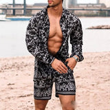 Wiaofellas - Summer Newest Men 2 Piece Suit Clothing Long-sleeved Printed Shirts Top With Casual Shorts Fashion Male  Beach Wear Loose Outfit