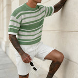 Wiaofellas  -  Summer Casual Knit T Shirt Mens Fashionable Striped Loose Crew Collar Pullover Vintage Short Sleeve Hollow Out Knitted T-shirts