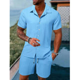 WIAOFELLAS  -  Fashion Men Two Piece Sets Cardigan Short Sleeve Lapel Shirts And Short Pant Men Stripe Outfit Summer Casual Loose Suit