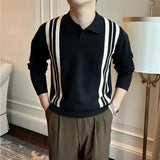 WIAOFELLAS  -  Men's Spring Autumn New Sweater British Retro Stripe Color Block Slim Fit Fashion Elegant Business Casual Knitted Top