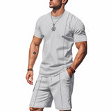 Wiaofellas  -  Men's Waffle Knit 2 Piece Outfits Casual Short Sleeve T Shirt and Shorts Set