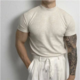 Wiaofellas  -  Men Clothing Summer Short Sleeve Fitness Gym Training Tees Half High Collar Solid Skinny T-shirt Male Running Ribbed Basic Tops