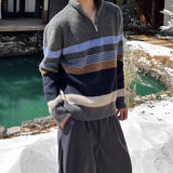 WIAOFELLAS  -  Fall Winter New Casual Knit Polo Sweaters Men Vintage Striped Crochet Knitting Jumper Tops Mens Trendy Long Sleeve Slim Sweater