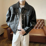 Wiaofellas Autumn American Vintage PU Leather Coats Men's Loose Short Motorcycle Faux Leather Jacket Couple Metal Zipper Cargo Outwear