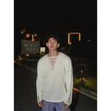 WIAOFELLAS  -  Spring and Autumn Hollow Sweater Men's Solid Color Deep V Lazy Style Pullover Sweater Thin Destructive Design Top