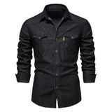 WIAOFELLAS  -  Spring Long Sleeved Men's Denim Shirt, High-quality Cotton Stretch, Fashionable, Casual, Slim Fit, Streetwear, Commuting Shirt