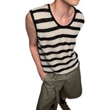 Wiaofellas  -  Loose Fit Striped Knitted Vest Sleeveless Beach Vacation Casual Top for Men And Women Summer Leisure Style Color Block Design