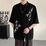WIAOFELLAS  -  New Chinese Style Men's Shirts Stand Collar Bamboo Embroidery Contrast Color Single Breasted Short Sleeve Male Tops