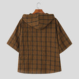 WIAOFELLAS  -  Men Plaid Shirt Hooded Short Sleeve Loose Casual Men Clothing Summer Korean Style Streetwear 2025 Male Shirts Tops S-5XL