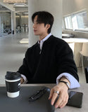 WIAOFELLAS  -  Black Lapel Sweater Men Warm Zipper Knitted Pullover Men Streetwear Korean Loose Long Sleeved Sweater Mens Jumper Clothes