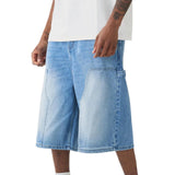 WIAOFELLAS  -  Men s Distressed Denim Shorts with Cargo Pockets and Relaxed Fit Knee-Length Pull-On Jeans