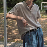 WIAOFELLAS  -  New Fashion American Style Men T-shirt Luxury Striped Knitted Henry Collar Tees Casual Solid Color Short Sleeve Breathable Tops