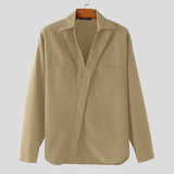 WIAOFELLAS  -  Men Shirt Solid Lapel Long Sleeve Loose Casual Men Clothing Korean Style Streetwear Pockets Fashion Tops Male Shirts