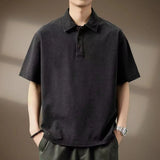 WIAOFELLAS  -  Summer New Men's Denim Polo Shirts American Style Lapel Short Sleeved Loose Tees Shirt High-end Men's Thin Design Trendy Tops