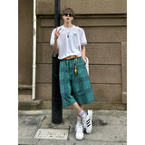Wiaofellas  -  Blue Plaid Men's Summer Trendy American Retro Five-Point Loose BF Lazy Sle Sports Pants Straight Leg mid Waist Elastic