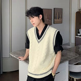 WIAOFELLAS  -  Spring and Autumn Academy Sweater Men's Casual V-neck Vest Sweater Korean Style Fashion Loose Candid Top