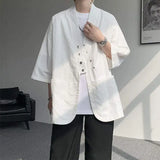 WIAOFELLAS  -  Niche Design Men's Shirts V-neck Solid Color Button Desig Ice Silk Big Pocket Casual Male Tops Summer Menswear