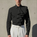 WIAOFELLAS  -  Men Shirt Solid Ruffle Lapel Long Sleeve Male Tops Streetwear Spring Shirts Fashion 2026 Elegant Men Clothing Camisas