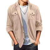 WIAOFELLAS  -  Fashion Suede Shirt For Men's Clothing Spring Autumn Casual Solid Color Pocket Long Sleeves Turn-down Collar Coats Loose Tops