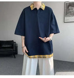 WIAOFELLAS  -  Fashion New Men's Spliced Plaid Fake Two Pieces Casual T-shirt Trendy Turn Down Collar Short Sleeve Tops Male Summer