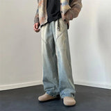 WIAOFELLAS  -  American High Street Vintage Style Fashion Men's Casual Trendy Loose Wide Leg Spliced Washed Blue Jean Trousers Male Denim Pants