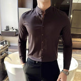 WIAOFELLAS  -  Luxury Long Sleeved Striped Men's Dress Shirt Stylish Business Stand Collar Slim Men Shirts Party Social Formal Mens Clothing