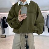 WIAOFELLAS  -  Men Shirt Striped Patchwork Lapel Long Sleeve Loose Men Clothing Streetwear Korean Style Fashion Casual Tops Male Shirts