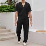 WIAOFELLAS  -  Men Sets Solid Color V Neck Short Sleeve T Shirt & Pants Two Pieces Sets Summer Streetwear 2025 Loose Fashion Men Suits