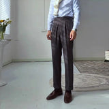Wiaofellas  -  Men's High Waist Pleated Dress Pants Solid Color Formal Trousers Business Casual Straight Leg Suit Pants For Male Office Wedding