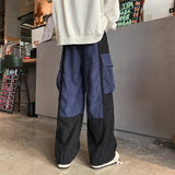 Wiaofellas  -  Winter Corduroy Wide Leg Men Pants Hit Color Spliced Cargo Big Pockets Pants Male Japanese Drawstring Cuff Rock Dance Pants