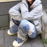 WIAOFELLAS  -  Autumn Men's Dove Of Peace Appliques Embroidered Jeans New Y2K Vintage Straight Baggy Denim Pants Washed Streetwear Blue Jean