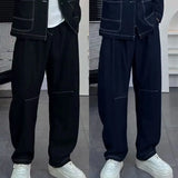 WIAOFELLAS  -  Mens Denim Pants Streetwear Trendy seam Lines Design Casual Wide-leg Jeans Drape Solid Fashion Versatile Summer Baggy Trousers